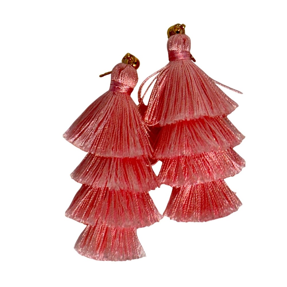 Handcrafted Pink Tiered Tassel Earrings 4 Layer Fringe Boho Statement